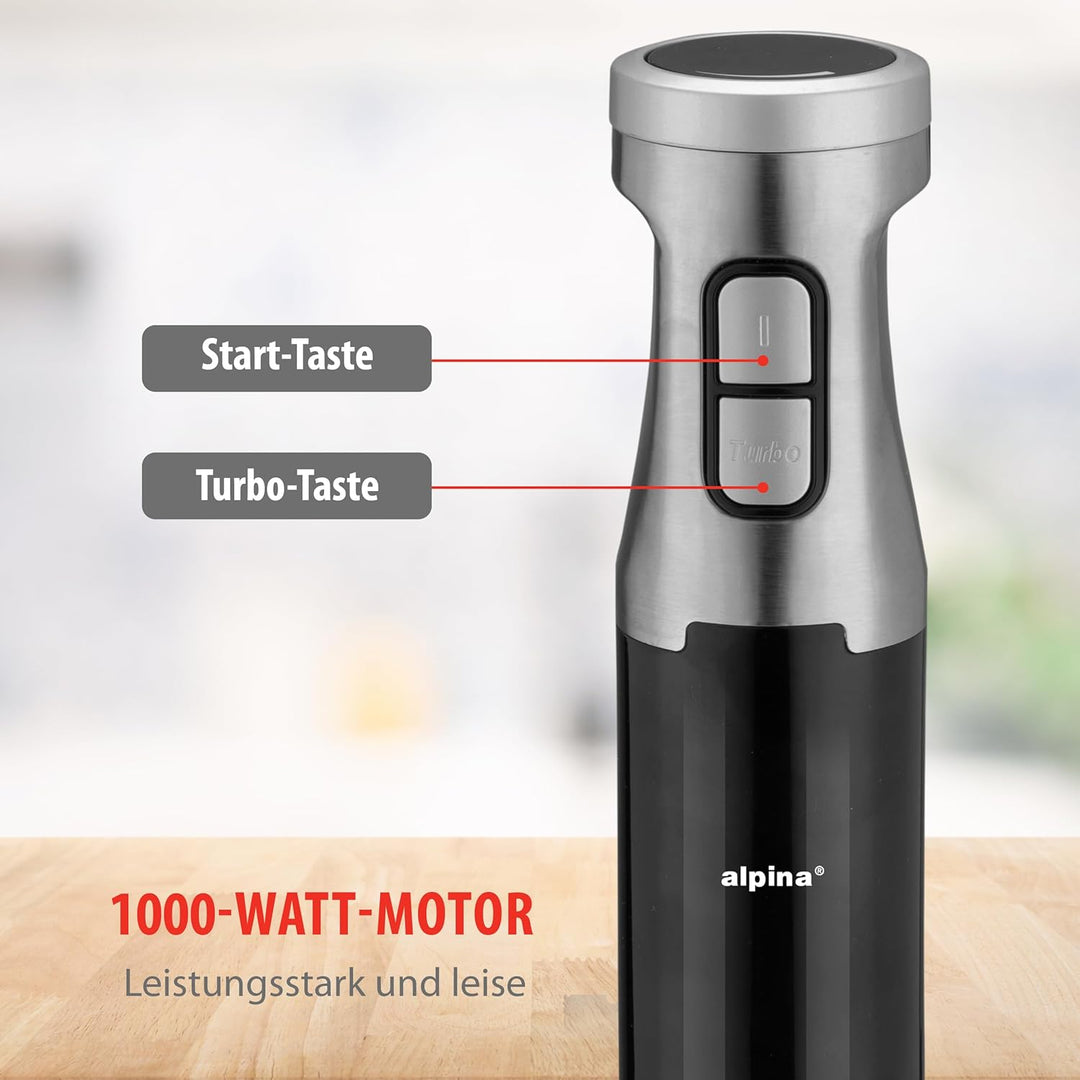 ALPINA Stabmixer, 1000 Watt, Rostfreier Edelstahl, Schwarz-Silber