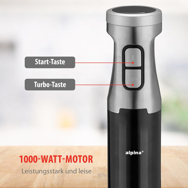 ALPINA Stabmixer, 1000 Watt, Rostfreier Edelstahl, Schwarz-Silber