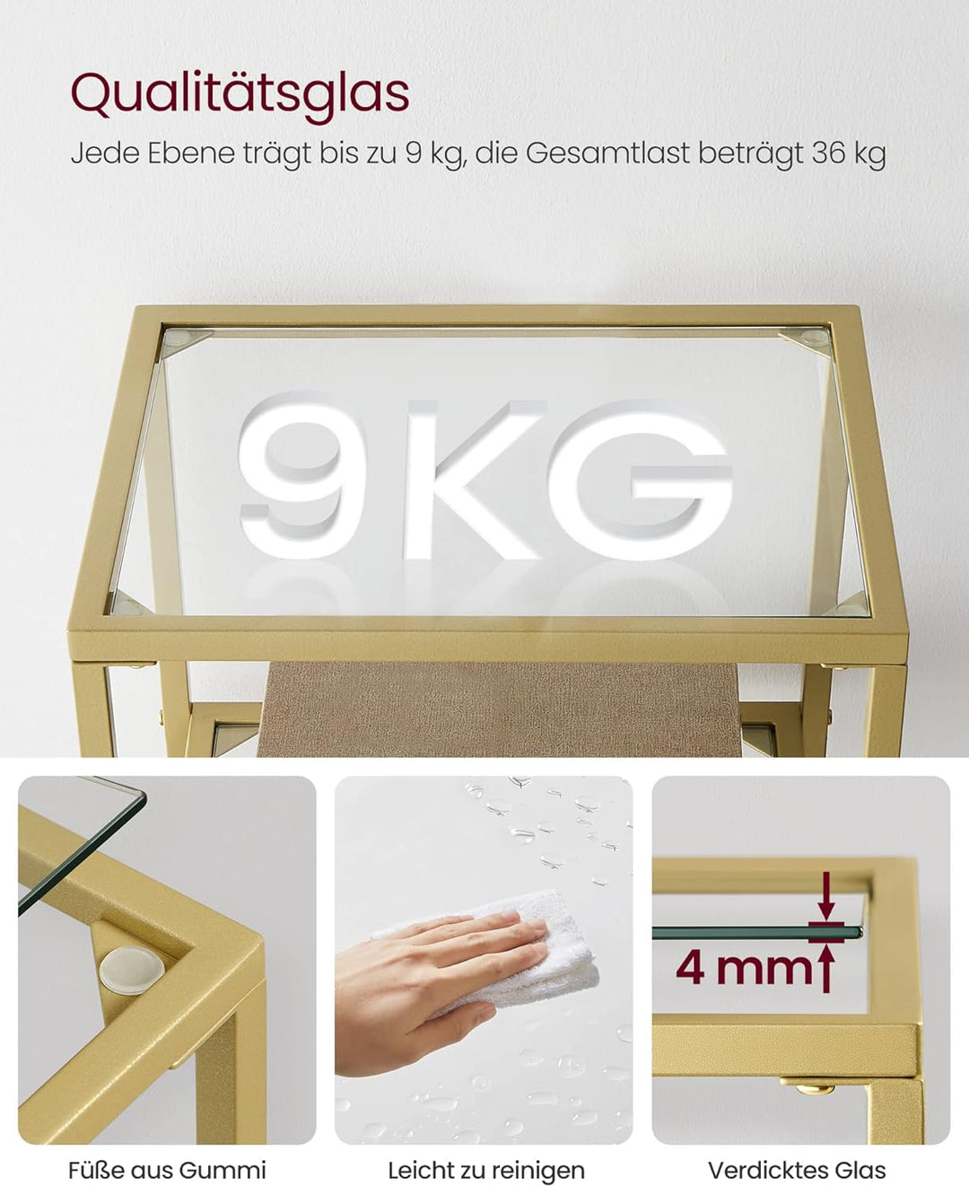 VASAGLE Regal mit 4 Ablagen, Badregal, gehärtetes Glas, einfache Montage, für Badezimmer, Wohnzimmer