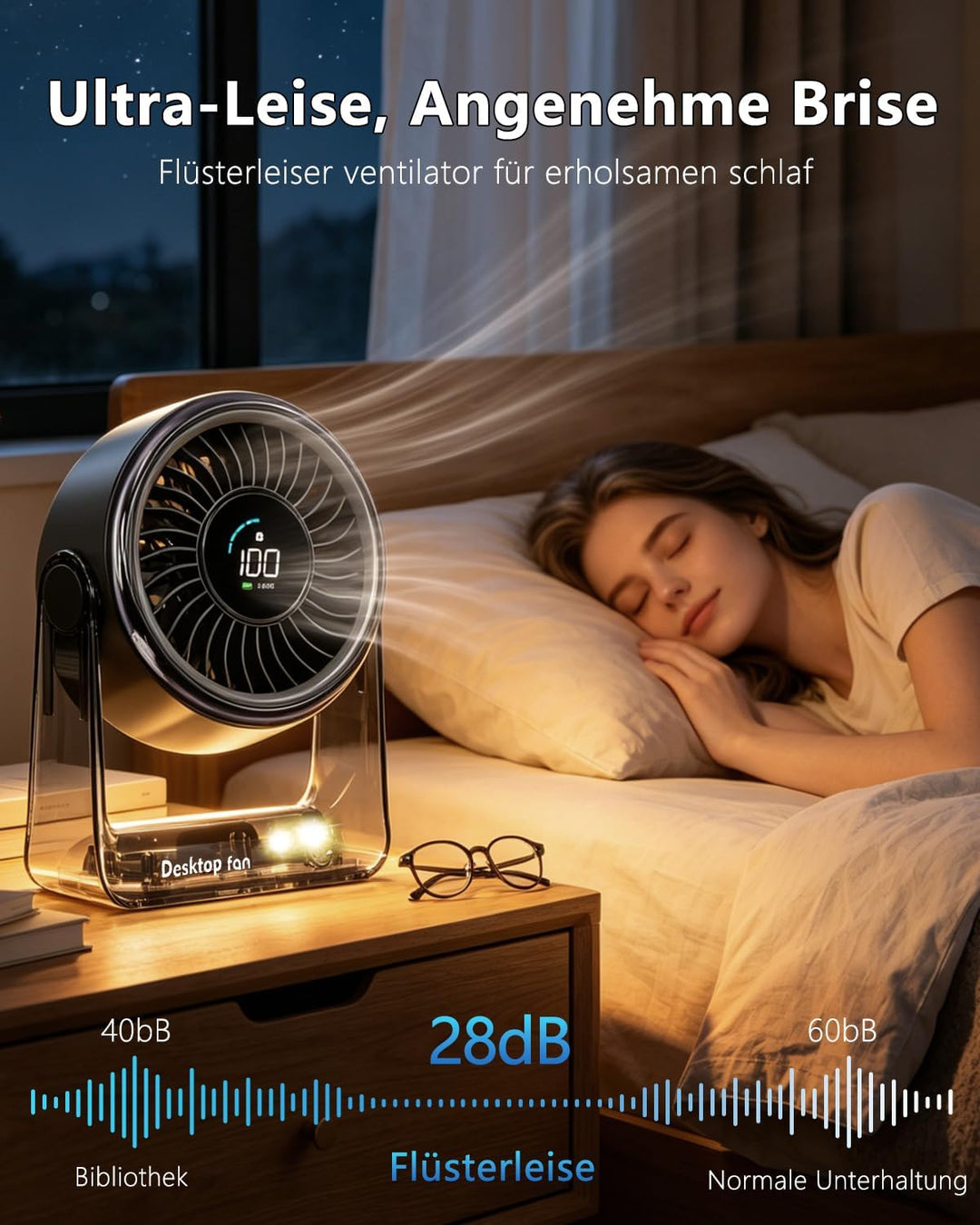 Tischventilator, USB Ventilator Akku, 6 Geschwindigkeiten Leise Ventilator mit LED Display, 360 ° Dr