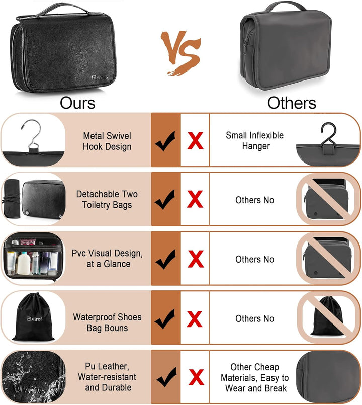 Elviros Kulturbeutel für Damen und Herren aus PU-Leder, kulturtasche zum aufhängen, 3 in 1 multifunk