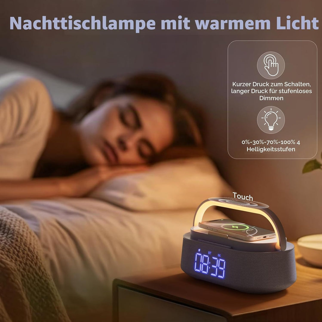 COLSUR Radiowecker Digital mit Wireless Charger, Bluetooth Lautsprecher Smart Wecker Schlummerfunkti