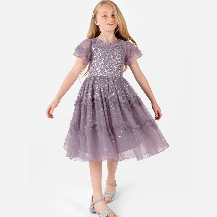 Maya Deluxe Mädchen Girl's Sequin Ruffles Sparkling Party Short Sleeve Midi Wedding Guest Tutu Frill