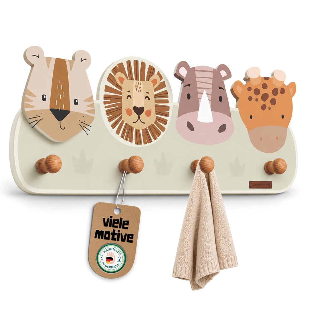 Kindergardroben mit 4 Haken - Wandgarderobe mit Tiermotiven für Kinderzimmer - Garderobenhaken aus H