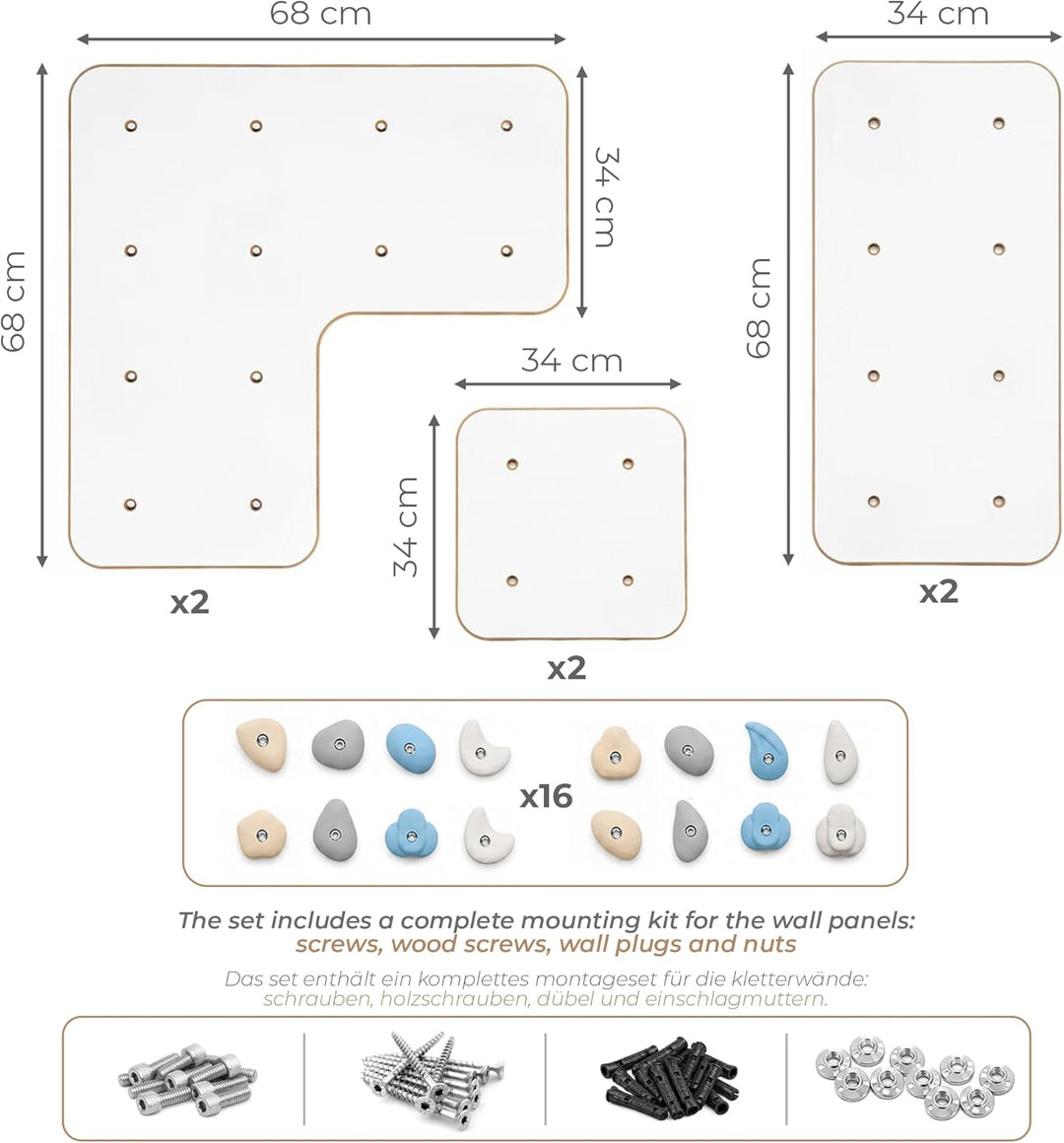MAMOI® Indoor-Kletterwand mit Griffen, Moderne Kletterwand für das Zimmer, weisse Holzwerkstoffplatt