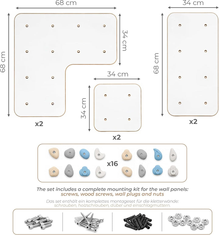MAMOI® Indoor-Kletterwand mit Griffen, Moderne Kletterwand für das Zimmer, weisse Holzwerkstoffplatt