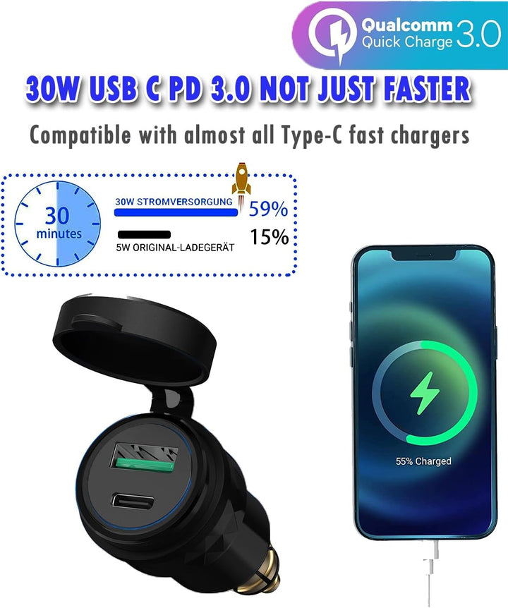 DIN Power Stecker USB C Steckdose Adapter Stecker auf USB Adapter Dual QC 3.0 Motorrad Wasserdicht f
