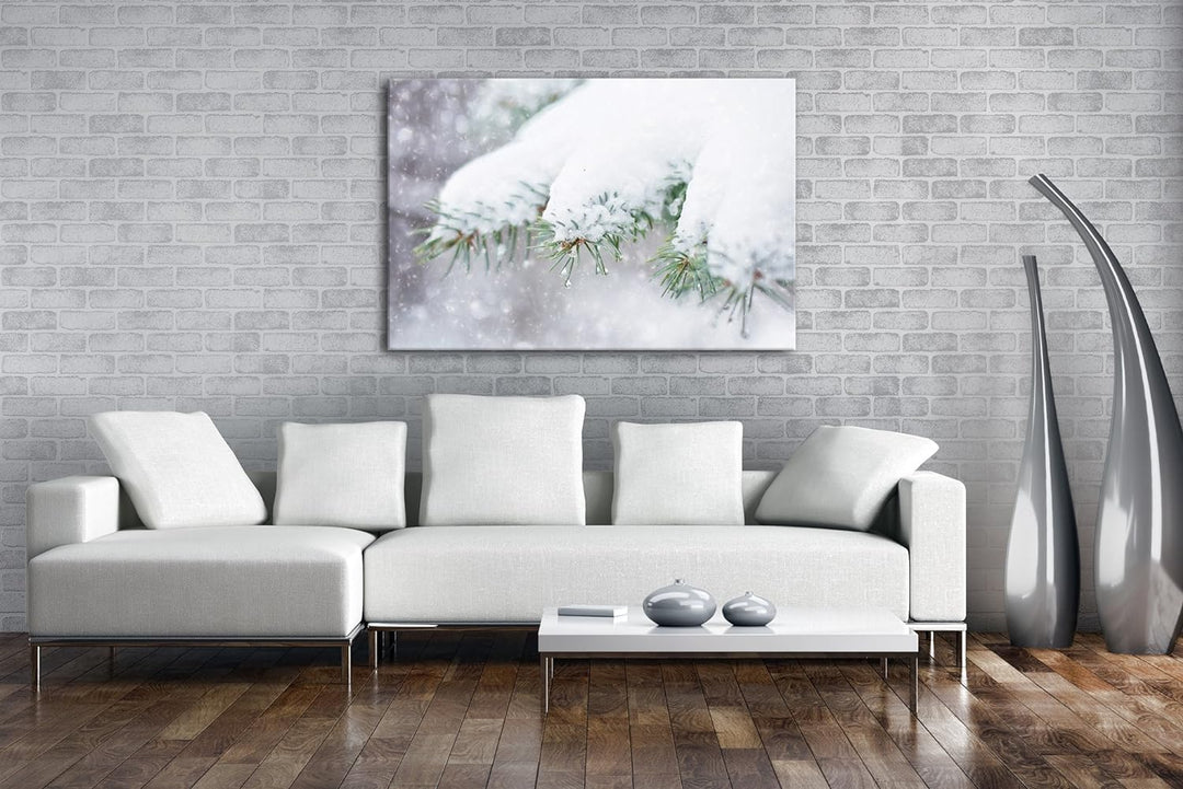 deyoli Schneebedeckte Kiefernzweige Format: 80x60 als Leinwandbild, Motiv fertig gerahmt auf Echthol