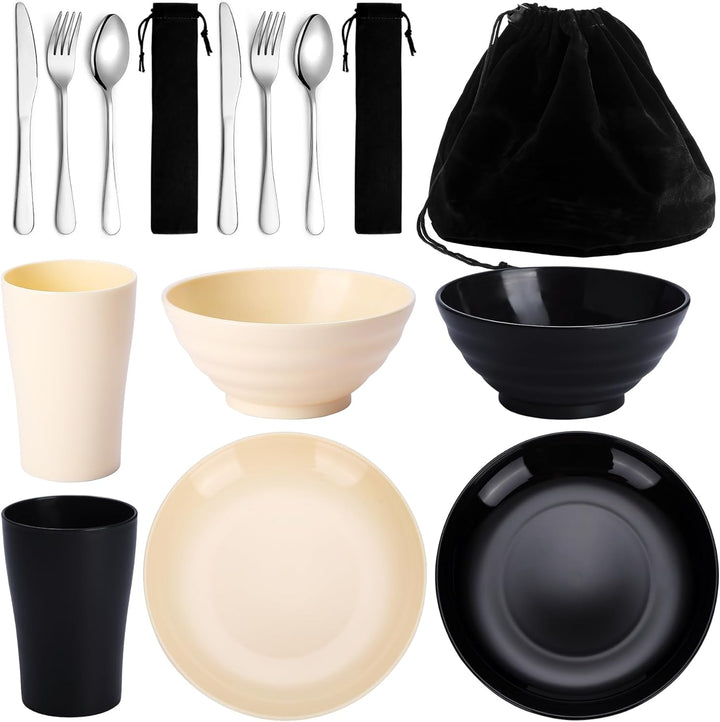 Kyraton Camping Besteck Set, wiederverwendbarer Leichter Becher, Schalen, Teller und Edelstahlbestec