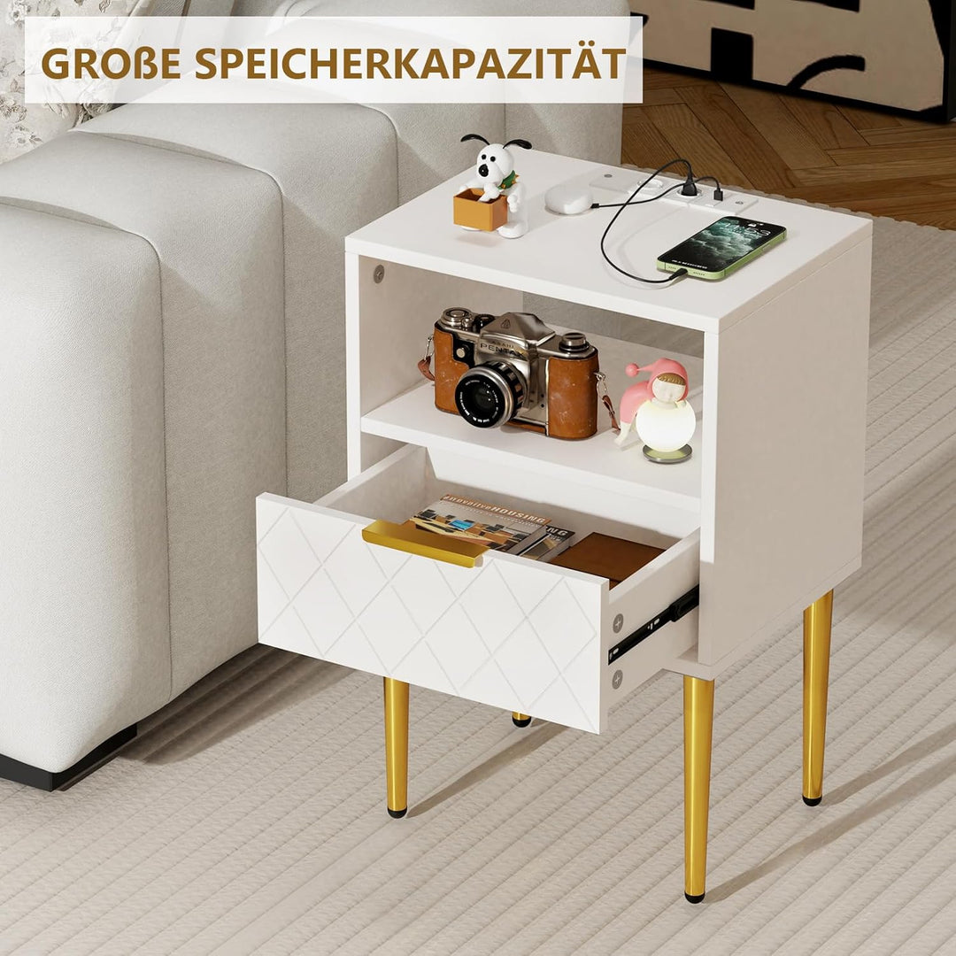 Lvhecforhm Nachttisch mit Ladestation, Nachtschrank mit 1 Offenen Ablagen und 1 Schublade, 2 AC-Stec