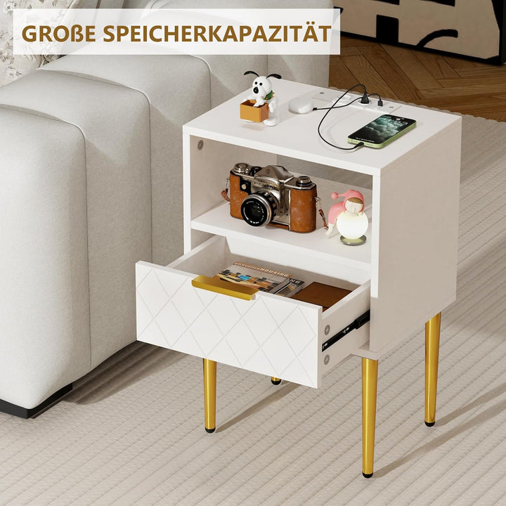 Lvhecforhm Nachttisch mit Ladestation, Nachtschrank mit 1 Offenen Ablagen und 1 Schublade, 2 AC-Stec