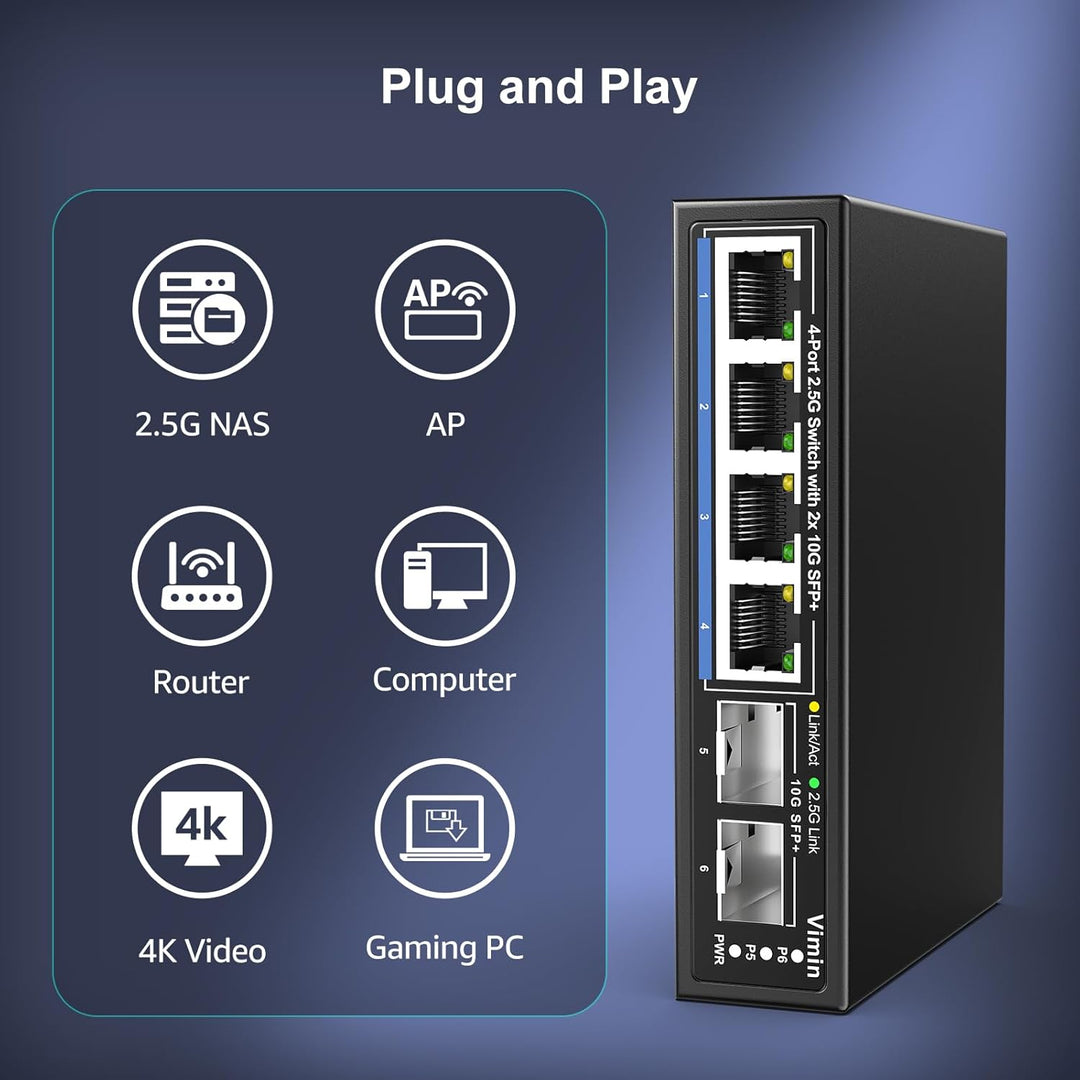 6 Port 2.5G Unmanaged Network Switch, VIMIN 4X 2.5Gbase-T Ports, 2X 10G SFP+ Port, 60Gbps Switching-