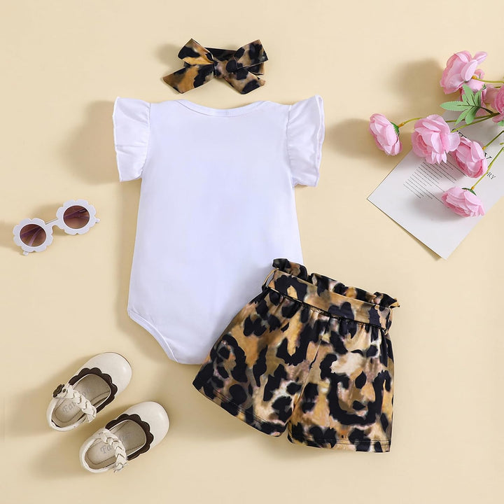 Baby Kleidung Mädchen Sommer Outfit, T-Shirt Rüschen Kurzarm Top + Leopardenmuster Shorts + Stirnban