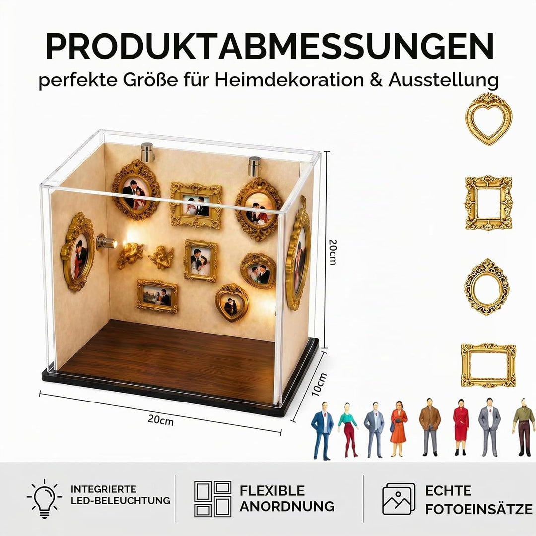 Mini Museum Bilderrahmen, 9 Stück Holz Schattenbilderrahmen Set mit 3 Miniaturfiguren und 4 LED Bele