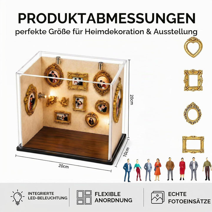 Mini Museum Bilderrahmen, 9 Stück Holz Schattenbilderrahmen Set mit 3 Miniaturfiguren und 4 LED Bele