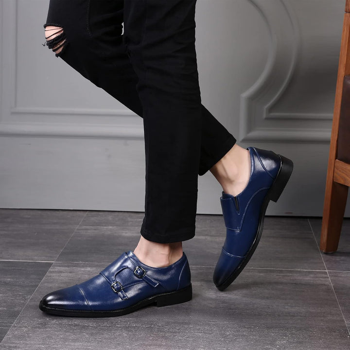 ANUFER Männer Smart Monk Brogues Formale Abendschuhe Aus Echtem Leder mit Holzabsatz 43 EU Navy Kuns