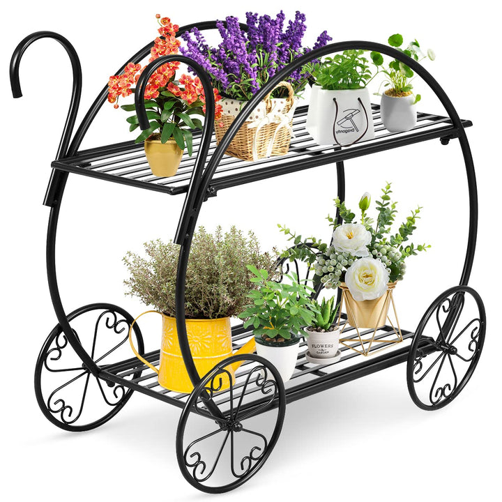 RELAX4LIFE Blumenregal 2-Stufig, Pflanzenständer Metall, Blumenständer mit Dekorativen Rollen, Blume