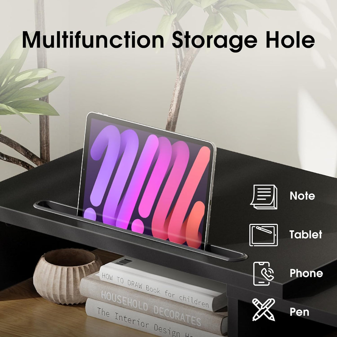 FITUEYES Dual Monitorständer Holz Drehbar Längenverstellbar mit Halteschlitz für Smartphones Tablet