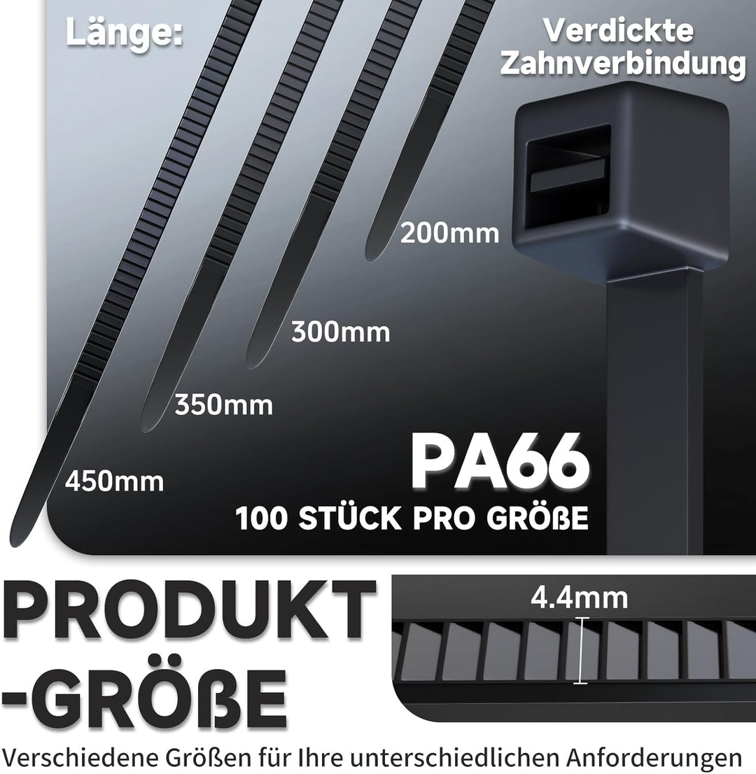 ZENIX Profi-Kabelbinder Set 400 Stück 200/300/350/450mm (je 100 Stück)| UV-beständig bis +85°C | 28k