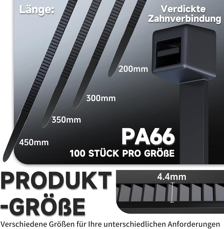 ZENIX Profi-Kabelbinder Set 400 Stück 200/300/350/450mm (je 100 Stück)| UV-beständig bis +85°C | 28k