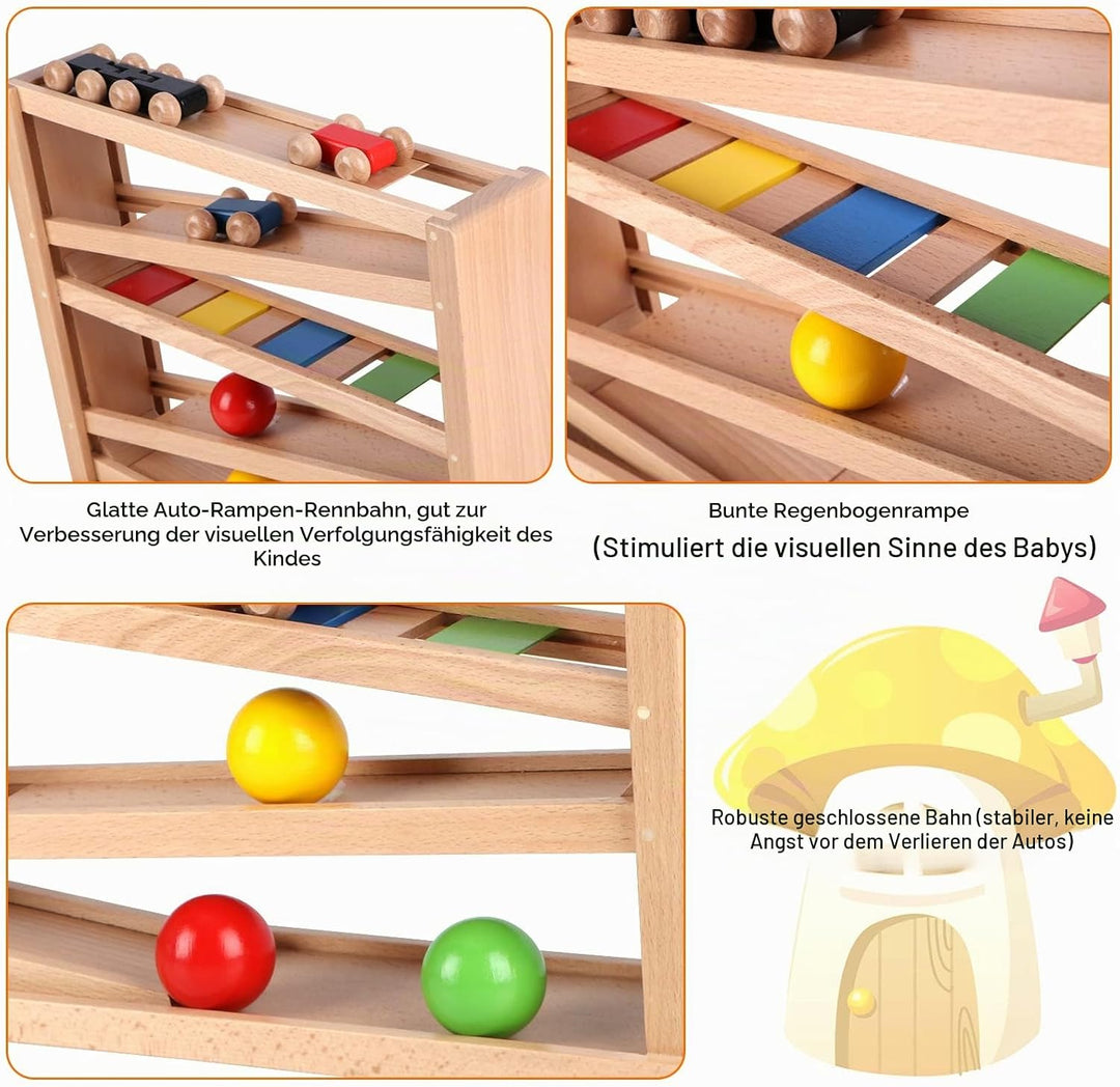 Jacootoys Holzautorampe Kugelbahn Spiel Rennstrecke 5 Schichten Racer Spielzeug Set 4 Autos 3 Bälle
