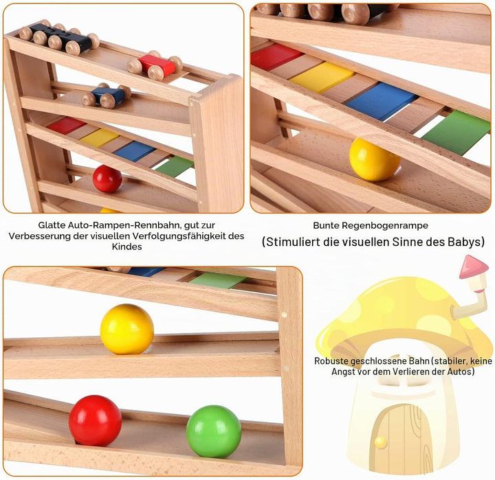 Jacootoys Holzautorampe Kugelbahn Spiel Rennstrecke 5 Schichten Racer Spielzeug Set 4 Autos 3 Bälle