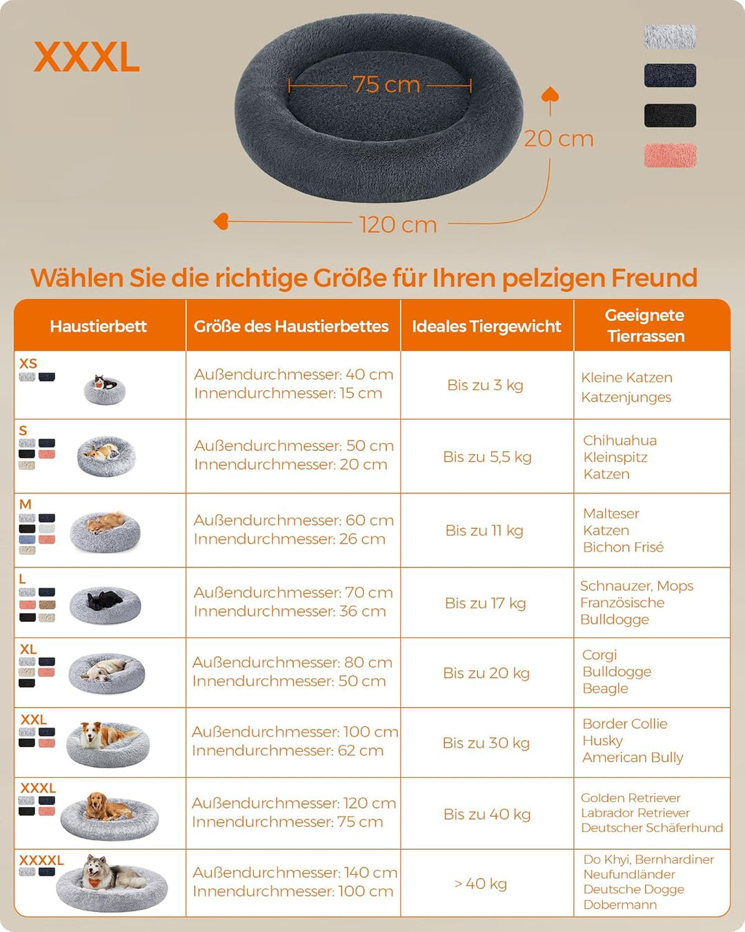 Feandrea Hundebett flauschig, Katzenbett, Donut Kissen, waschbar, Polsterung in der Mitte herausnehm