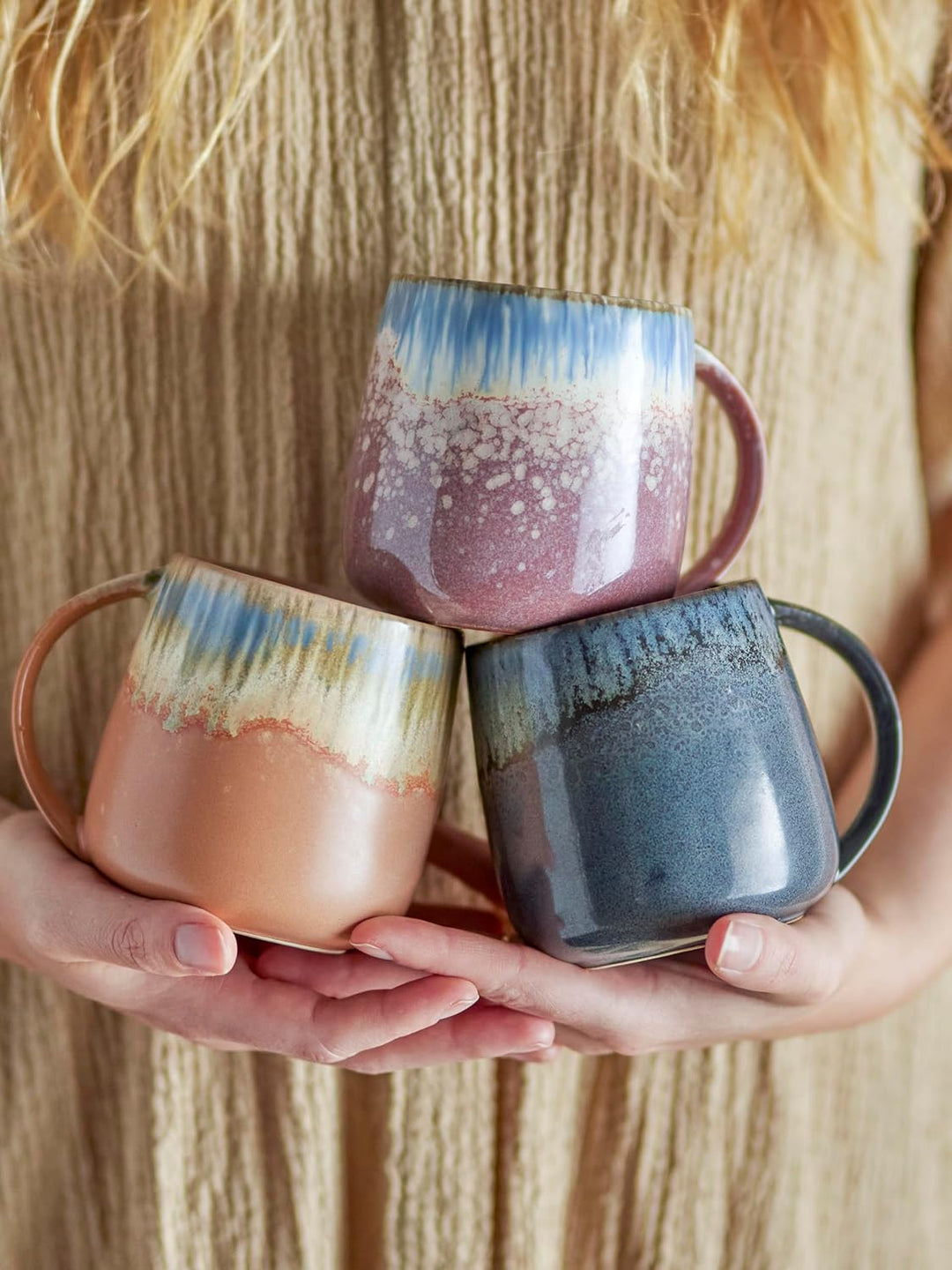 Bloomingville Tassen, grau blau rosa braun, Keramik, 3er Set