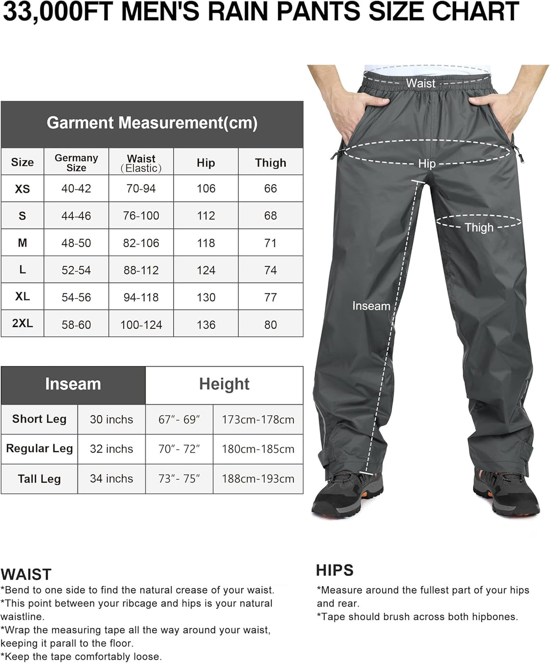 33,000ft wasserdichte Regenhose für Herren Leichte Regenhose Winddichte Outdoorhose zum Wandern Camp