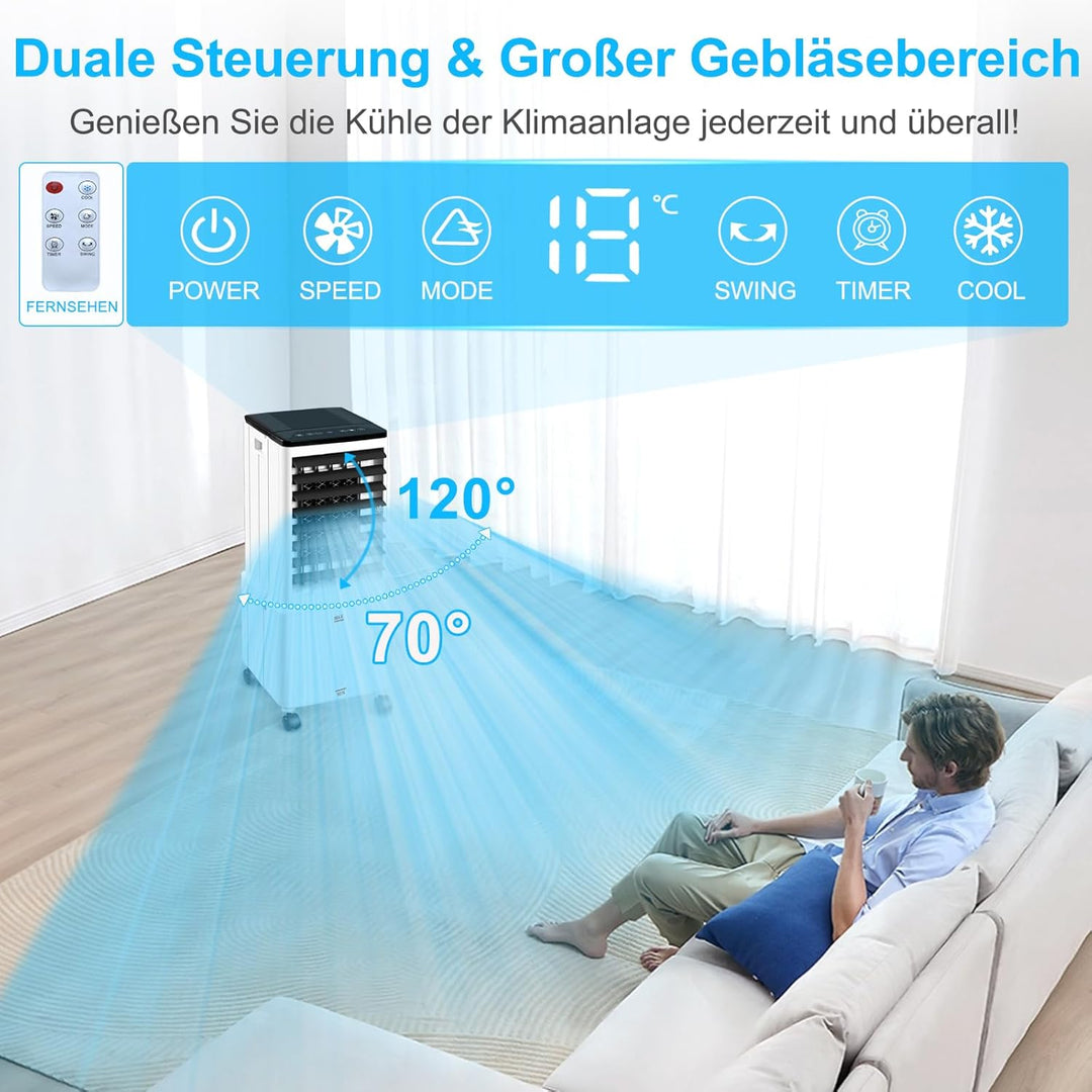 Klimagerät ohne Abluftschlauch, 14L 60W Klimaanlage Mobil mit 12H Timer, 3 Modus, 40dB, 120°Oszillat