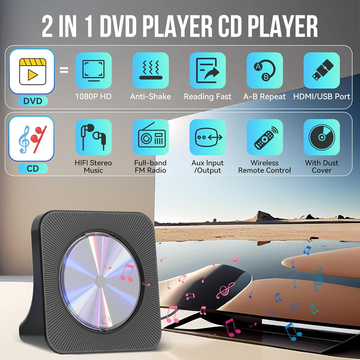 Gueray DVD Player für TV All Region Free Desktop DVD/CD Player für Zuhause mit Bluetooth Lautspreche