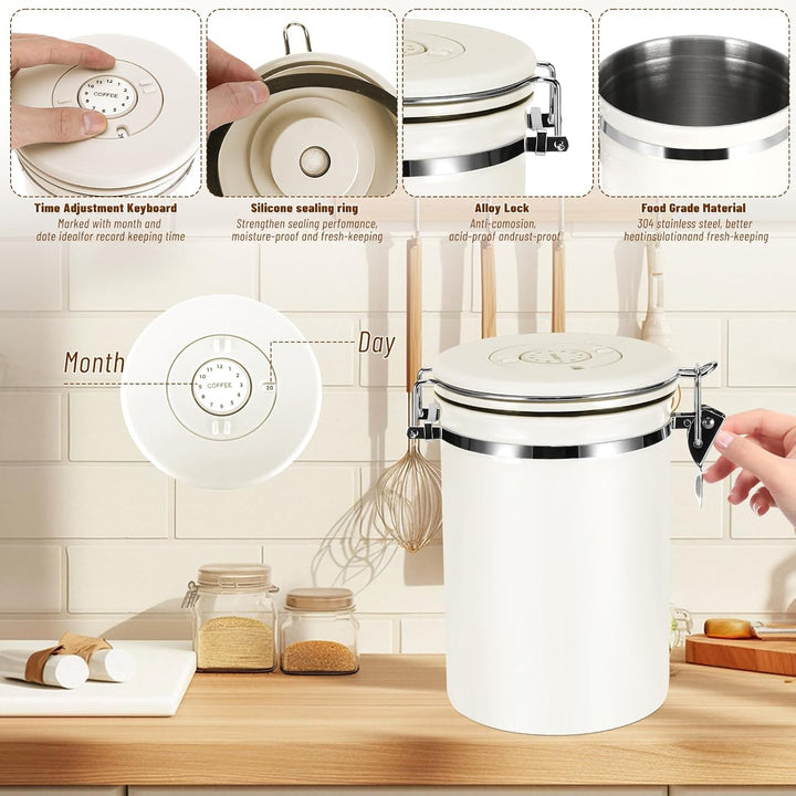 Royouzi Luftdichte Edelstahl Kaffeedose, Vakuum Kaffeedose, 1,8 L KaffeebohnenbehäLter Mit Edelstahl