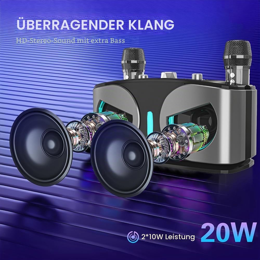 Karaoke Maschine mit 2 Mikrofonen, Tragbare Karaoke Anlage mit DJ-Lichtern für Partys zu Hause, im F