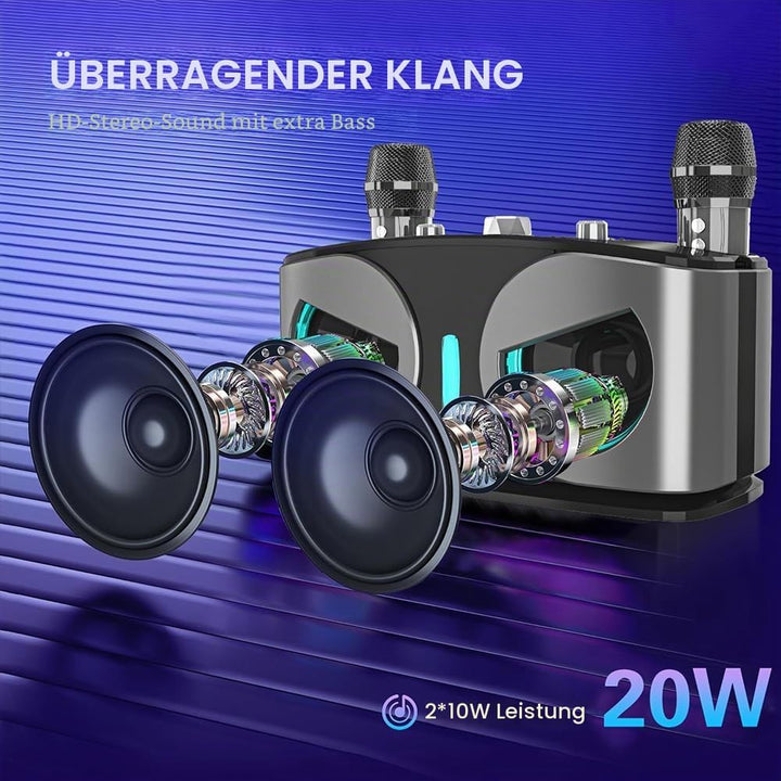 Karaoke Maschine mit 2 Mikrofonen, Tragbare Karaoke Anlage mit DJ-Lichtern für Partys zu Hause, im F