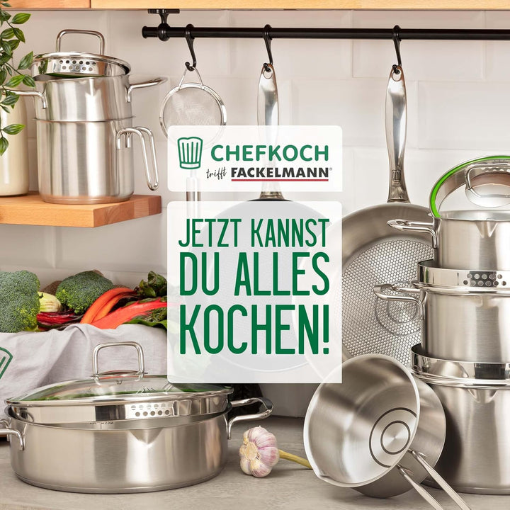 Chefkoch trifft Fackelmann Bratpfanne München Ø 24 cm aus Edelstahl mit Glasdeckel – Wabenboden, PFA