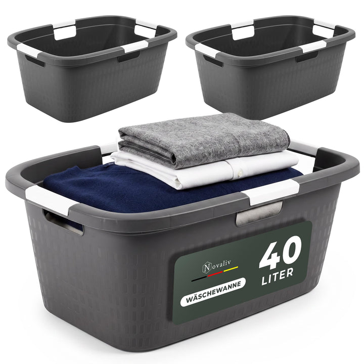 Novaliv 3 Stück Wäschewanne mit 4 Griffen 40L Anthrazit, Wäschebox Set Wäscheeimer Wäschebehälter fü
