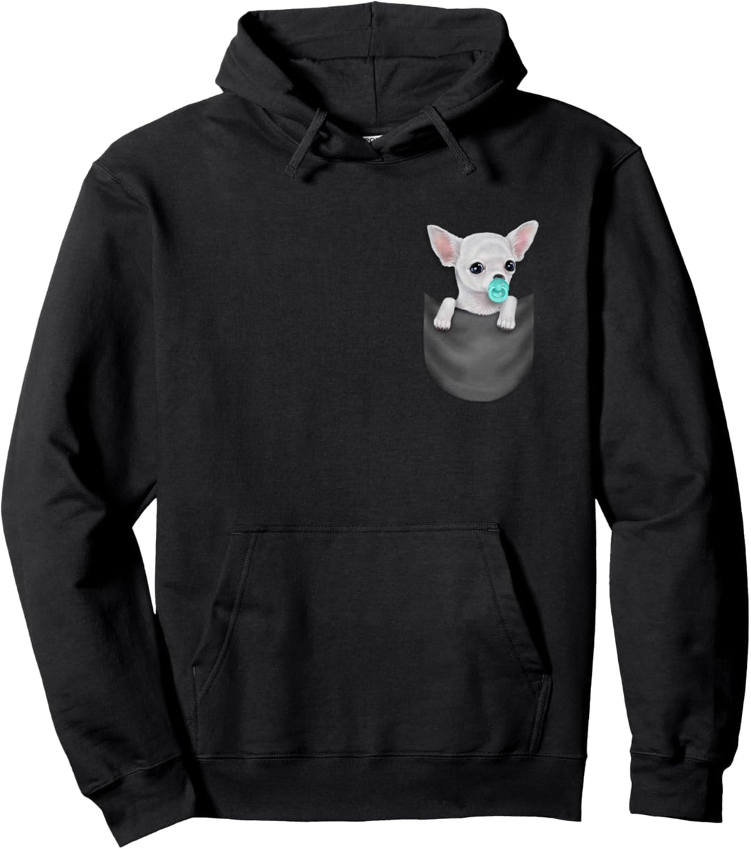 Weisser Chihuahua-Hund mit einem Schnuller in der Tasche Pullover Hoodie
