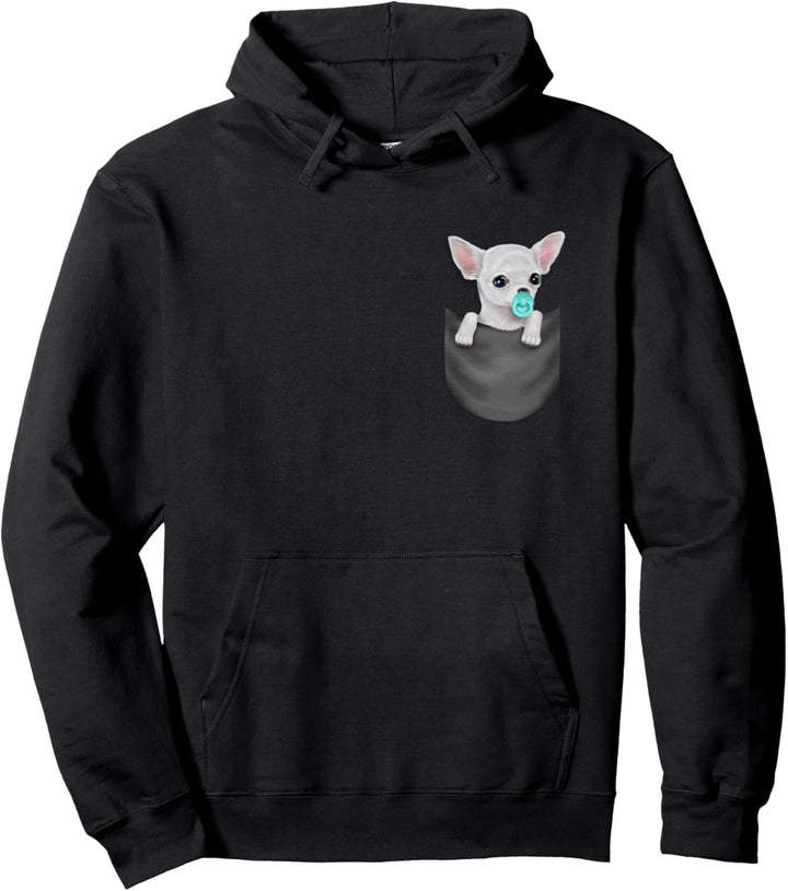 Weisser Chihuahua-Hund mit einem Schnuller in der Tasche Pullover Hoodie