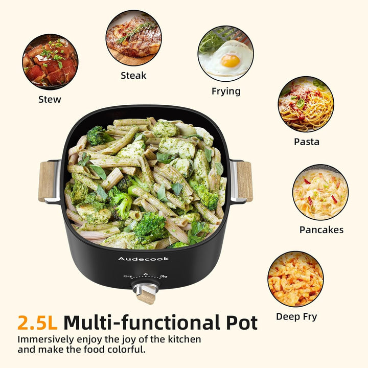 Audecook Elektrischer Hot Pot, 2.5L Tragbare Antihaft Multikocher, Antihaftbeschichtung mit Wabentex