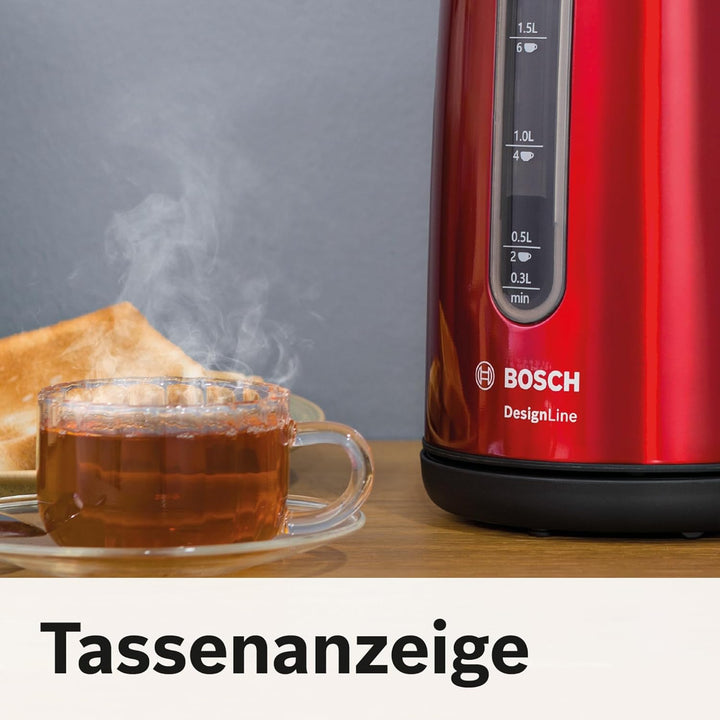 Bosch kabelloser Wasserkocher DesignLine TWK4P434, Ausgiessen ohne Spritzer, Tassenanzeige, Wasserst