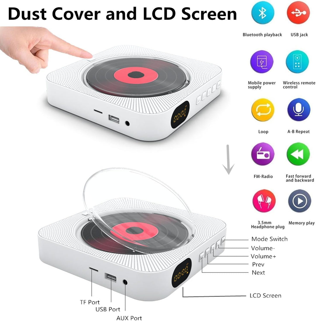 CD-Player mit Bluetooth – Wandmontierbarer Musik-Player Home Audio Boombox mit LCD-Display und Staub