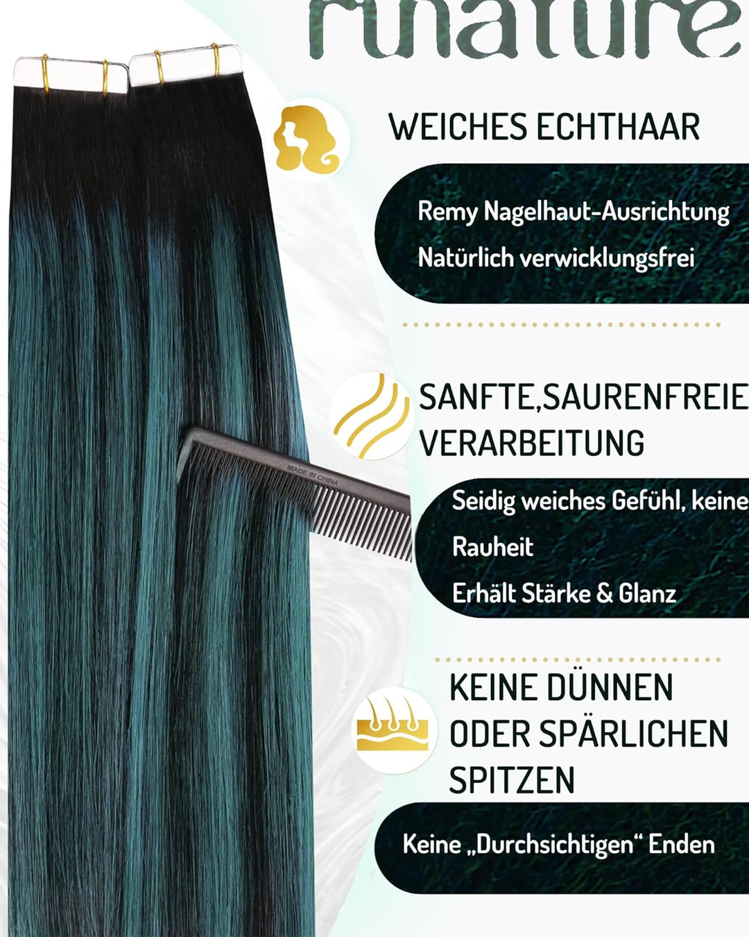 RUNATURE Invisible Tape Extensions Echthaar Schwarz Ombre Teal 45cm 20 Stück Haarverlängerung Tape E