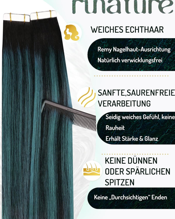 RUNATURE Extensions Echthaar Tape Schwarz Ombre Grun 55cm 20pcs Bunt Haarverlangerung Invisible Haar