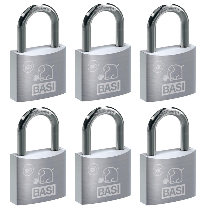 BASI | Vorhangschloss 6er Set | 25 mm | gleichschliessend | massives Aluminium-Gehäuse | gehärteter