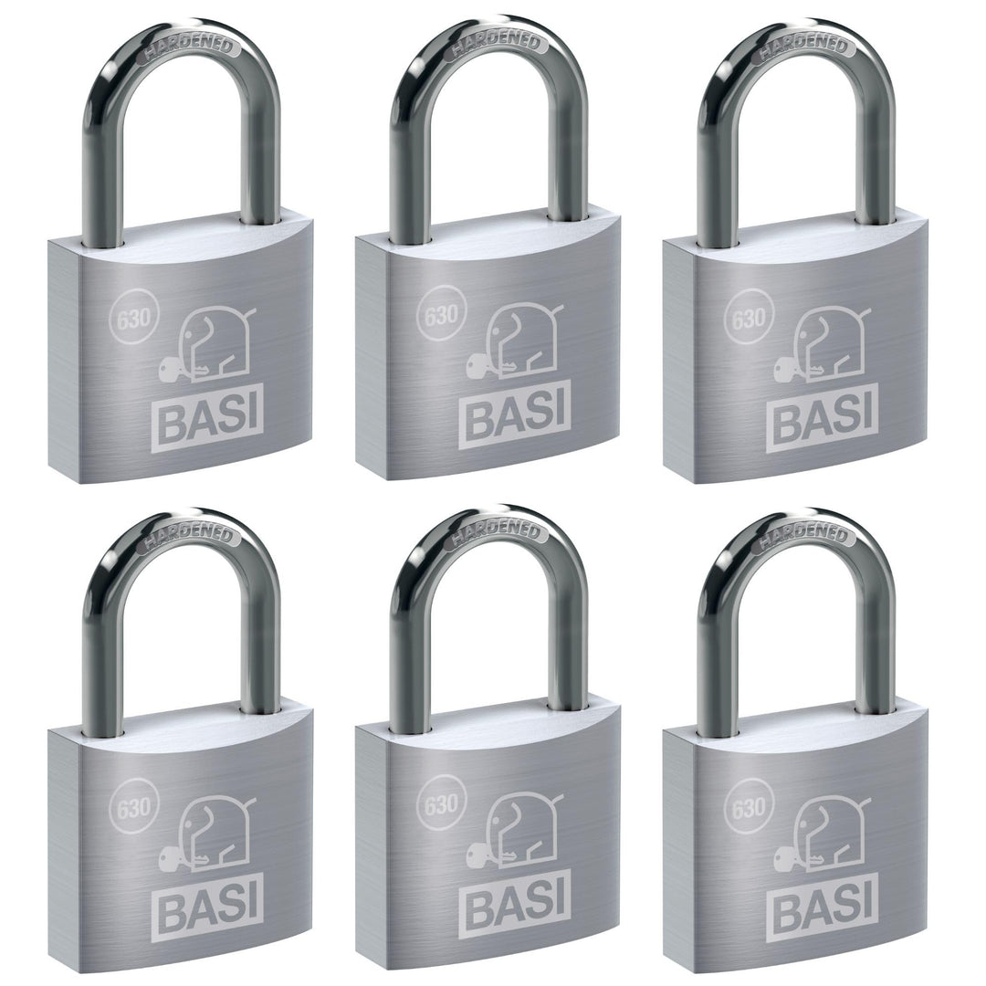 BASI | Vorhangschloss 6er Set | 50 mm | verschiedenschliessend | massives Aluminium-Gehäuse | gehärt