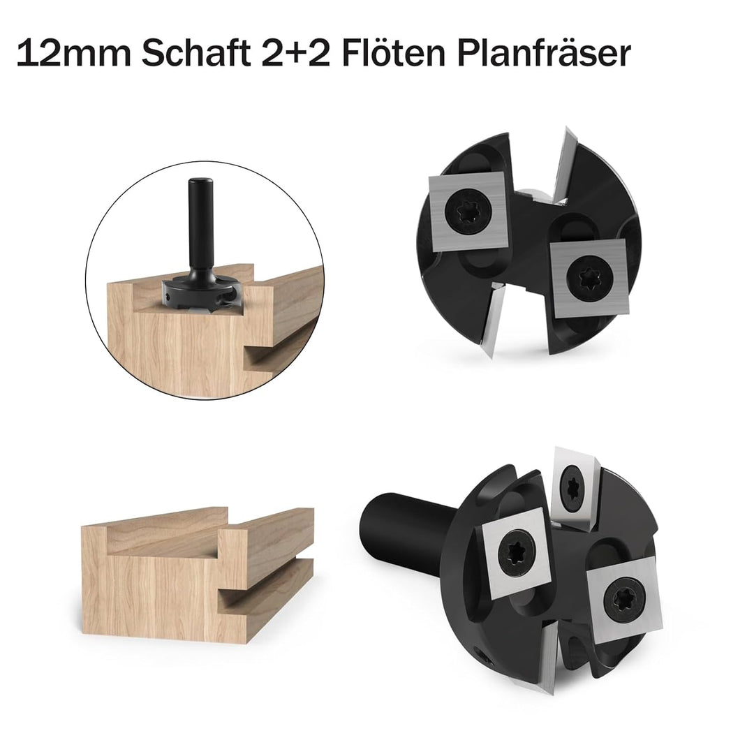Trvoxviq Planfräser 12mm Schaft 2+2 Flöten, 38.1mm Durchmesser Hobelfräser für Oberfräse mit Wendepl