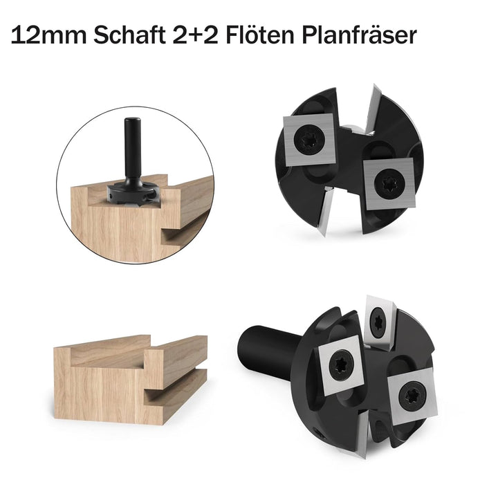 Trvoxviq Planfräser 12mm Schaft 2+2 Flöten, 38.1mm Durchmesser Hobelfräser für Oberfräse mit Wendepl
