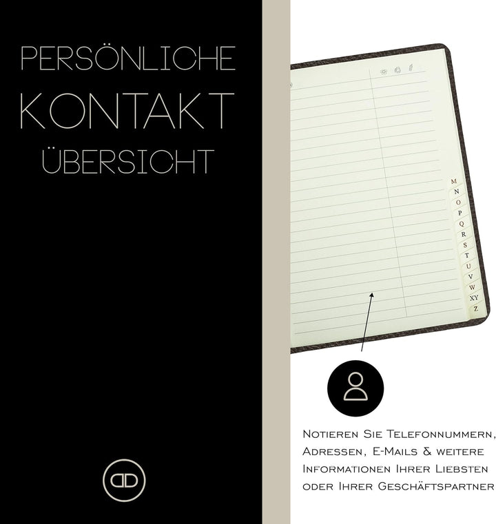 DELMON VARONE - Personalisierbares Adressbuch DIN A6 gebunden mit A-Z Register Soft Grain Leder brau