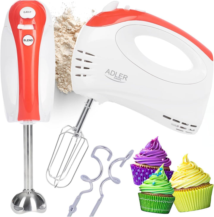 Adler AD 4212 2 in 1 Hand Mixer to mix Handrührgerät, weiss/rot