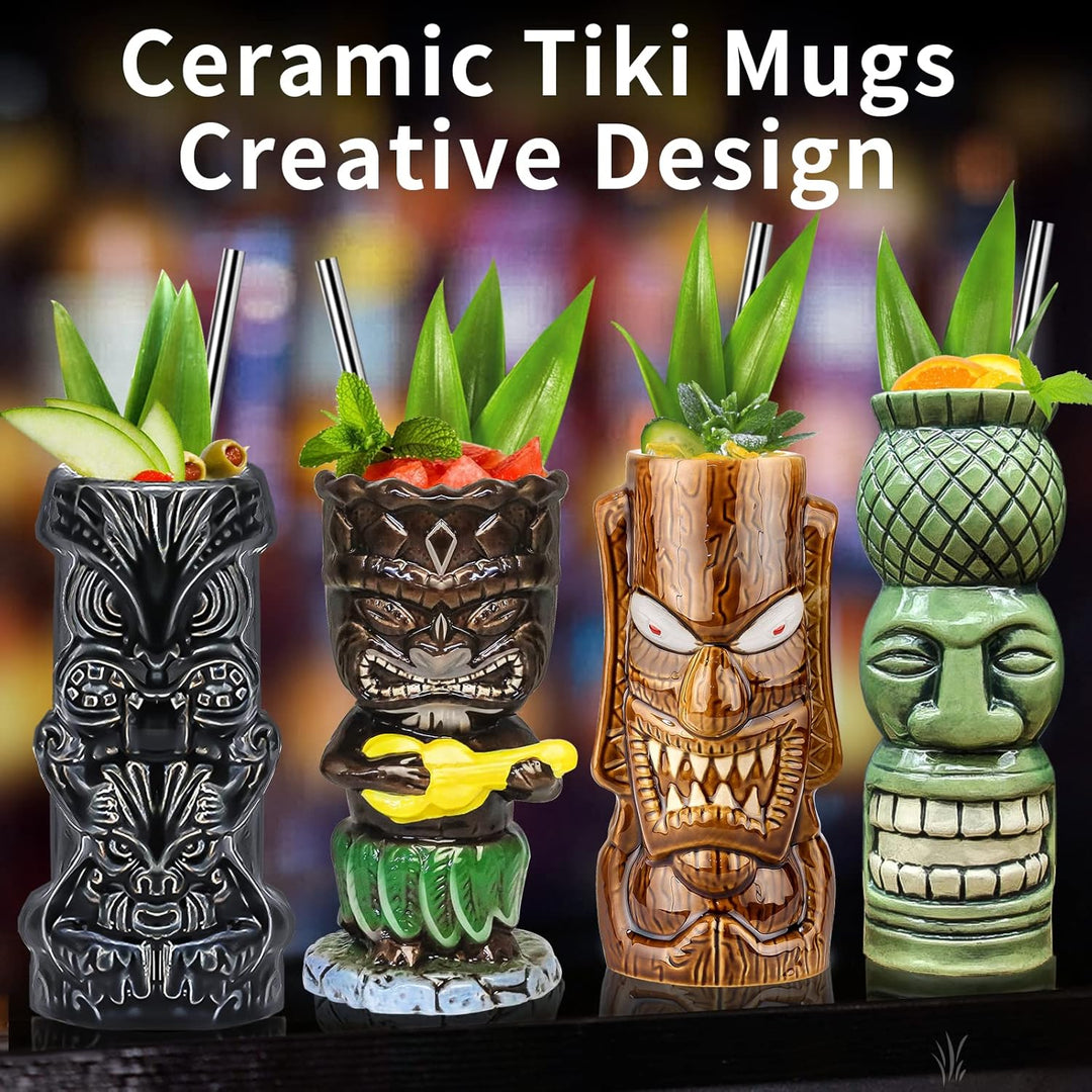 Tiki-Tassen, 4 Stück Tiki-Gläser für Cocktails grossen tropischen Keramikbechern Hawaii Tiki Party K